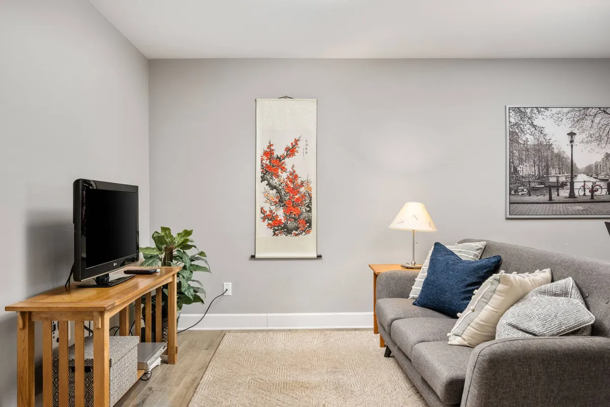 A cozy living room featuring a comfortable sofa with plush cushions, vibrant artwork on the wall, a television set, and a side table with a lamp. The flooring appears easy to clean, and the layout offers plenty of space for both relaxing and moving around, accommodating people and pets alike.