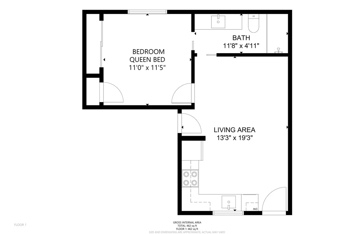 An inviting open-concept space that integrates a bedroom with a queen bed, a living area, and a view toward the bathroom. The design feels flexible and open, supporting both socializing and quiet relaxation, with durable furnishings and uncluttered surfaces.
